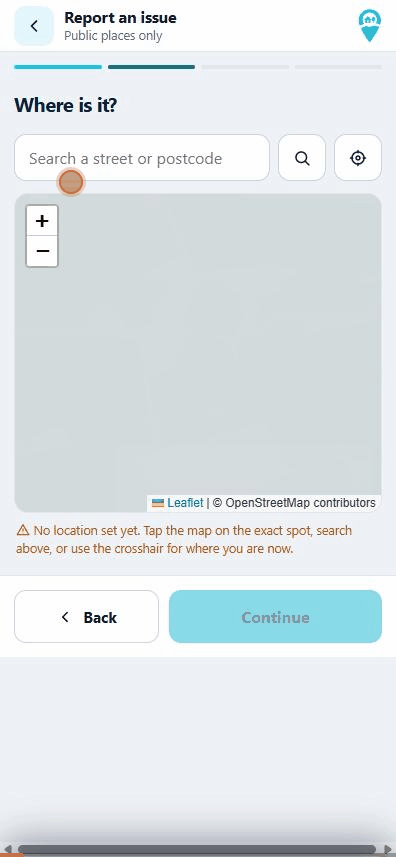 Screen recording of filing a report: choosing Pothole, searching a postcode so the pin lands on the map, giving the nearest house number, describing the problem, and reaching the check-and-send screen.